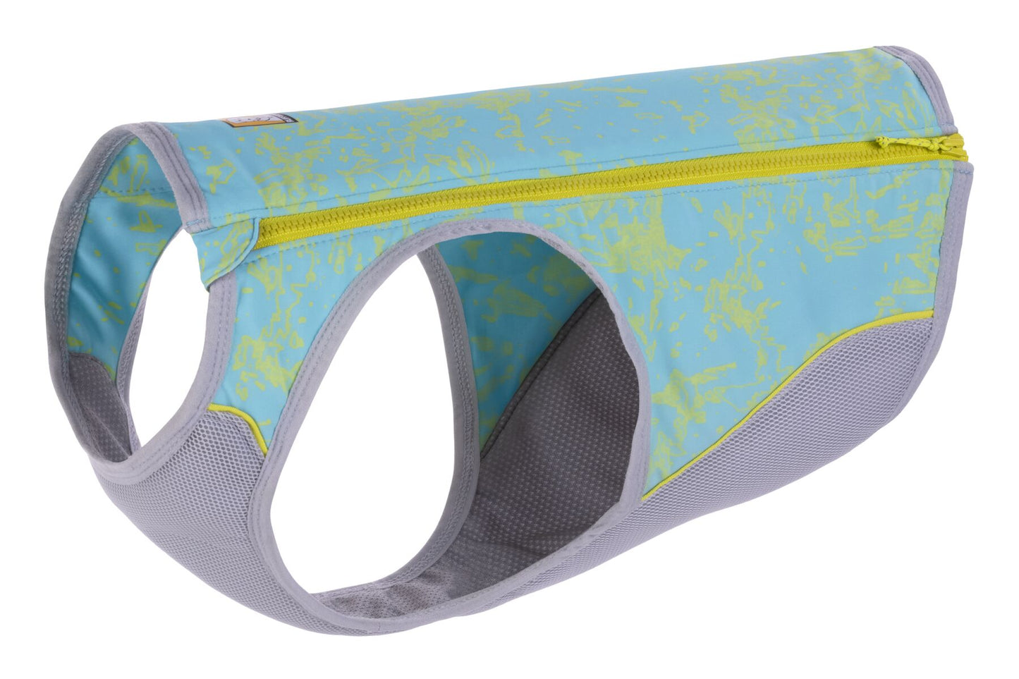A blue and white Ruffwear Swamp Cooler Zip Cooling Vest for dogs with a geometric pattern.