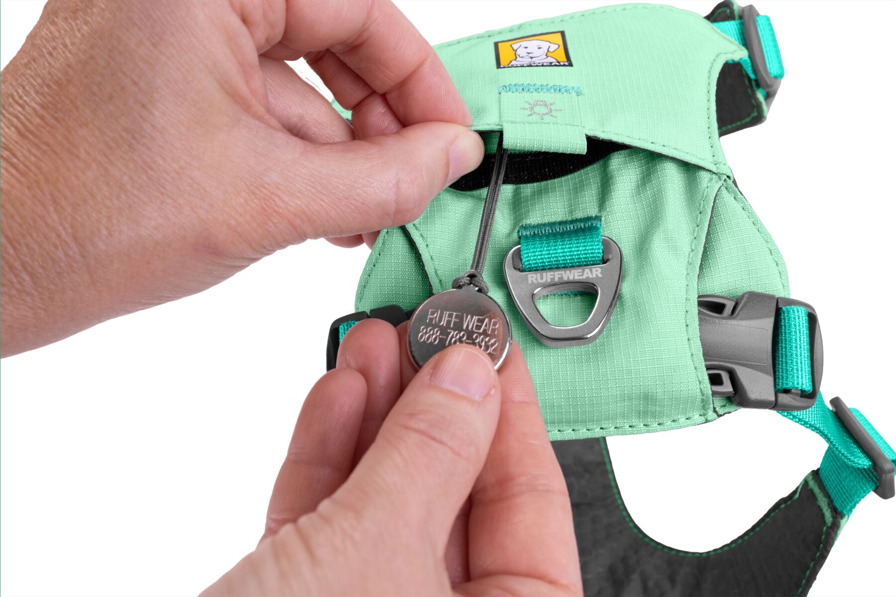 Ruffwear hi and light harness showing the id tag pocket